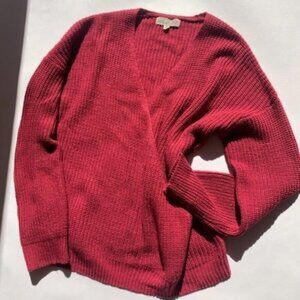 Long Sleeve Cable Knit Fuchsia Pink Wrap V Neck Sweater Ribbed Hems Women's XL